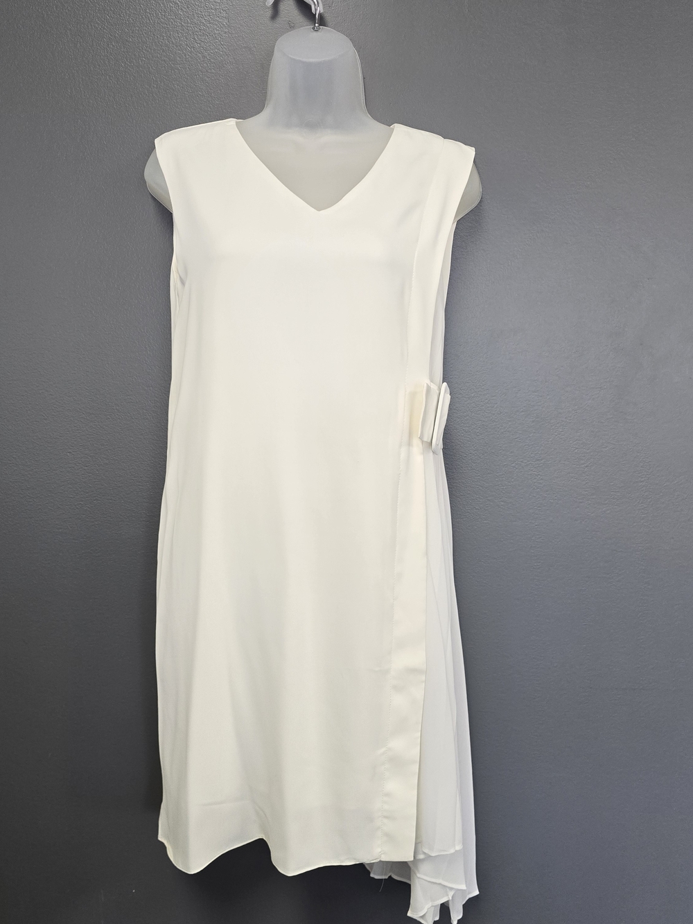 Women’s Large Ivory Pleated Side Belt Midi Dress Sleeveless Elegant